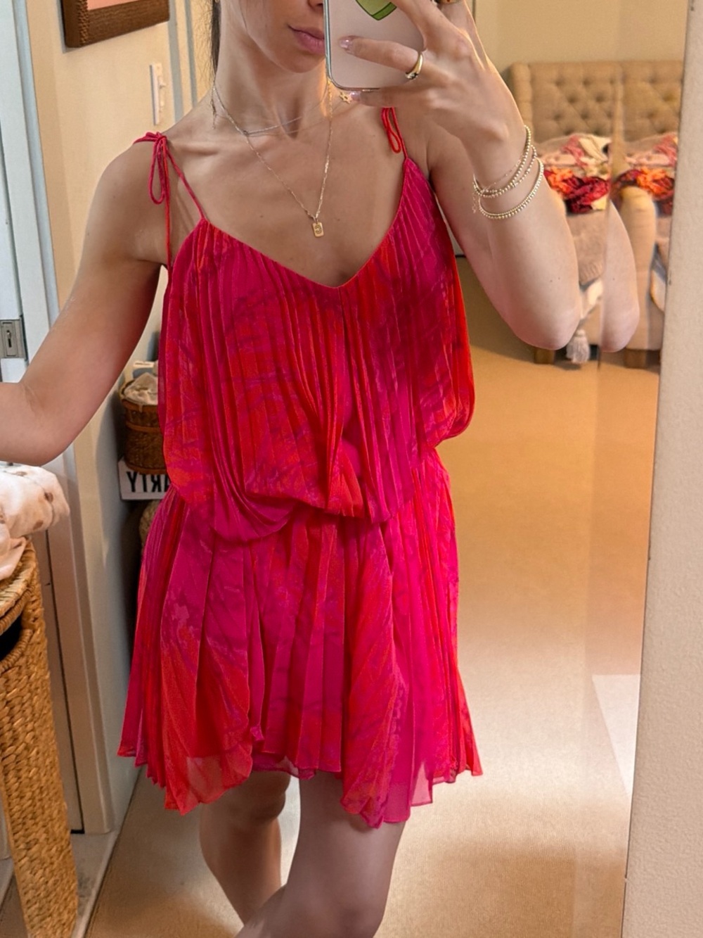 Halston Heritage Hot Pink Pleated Tie-Shoulder Mini Dress